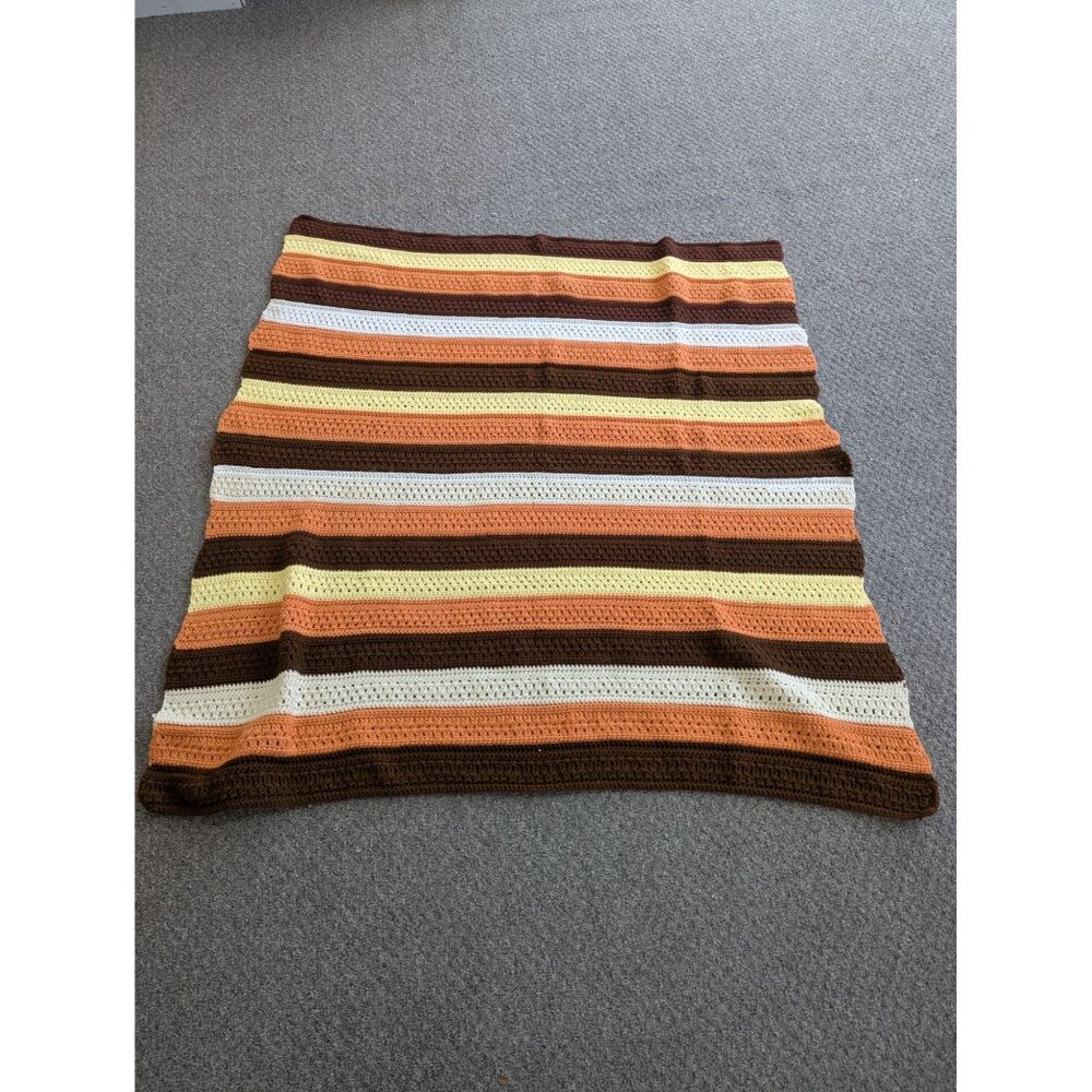 Hand Made Crochet Knit Afghan Throw Lap Blanket 58" x 58" Brown Yellow Orange